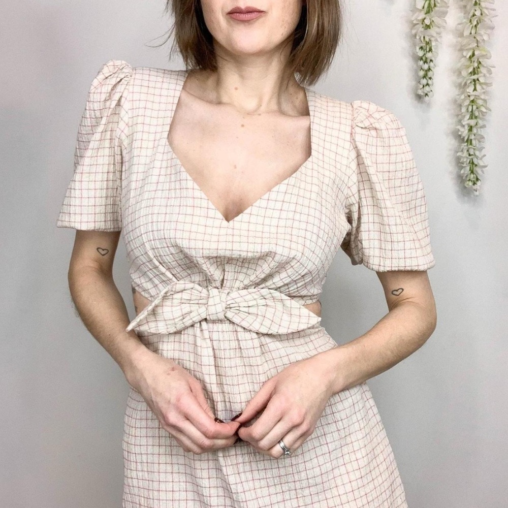 Zara NWT Size S Cotton/Linen Blend Plaid Cut Out Waist Minidress -NWT per Pics - Picture 2 of 10